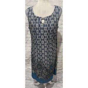 Perceptions NY sleeveless shift dress blue and white geometric and paisley 12